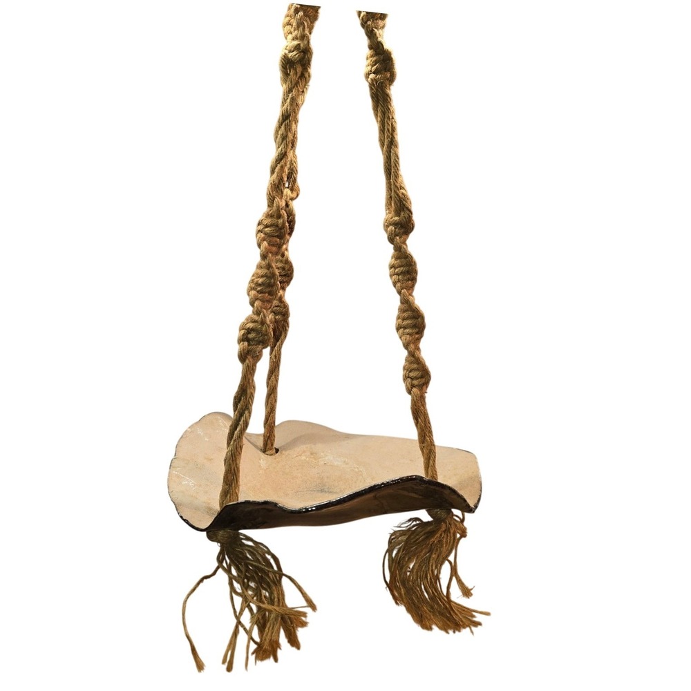 Bird Feeder Ceramic Rattan Brown Tan Hanging Fruit Holder Earthy 9"